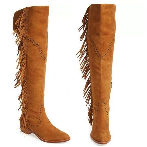 Frye Camel Brown Suede RAY Fringe Zip Over the Knee Boot Sz 10 M - Picture 1 of 12